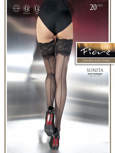 Fiore - Back seam pattern hold ups with decorative lace top Sunita 20 denier, red, size M