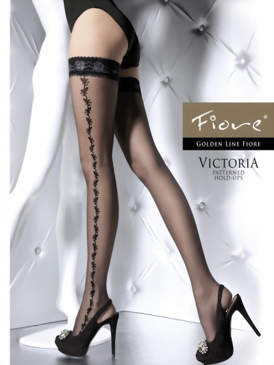Fiore - Elegant patterned hold ups with decorative lace top Victoria 20 denier, ecru, size L