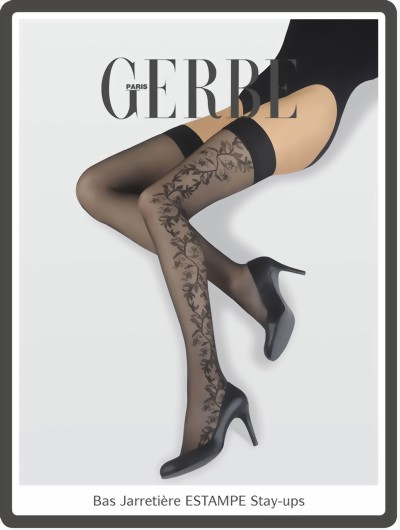 Gerbe - Elegant hold ups with delicate floral pattern Estampe, black, size M